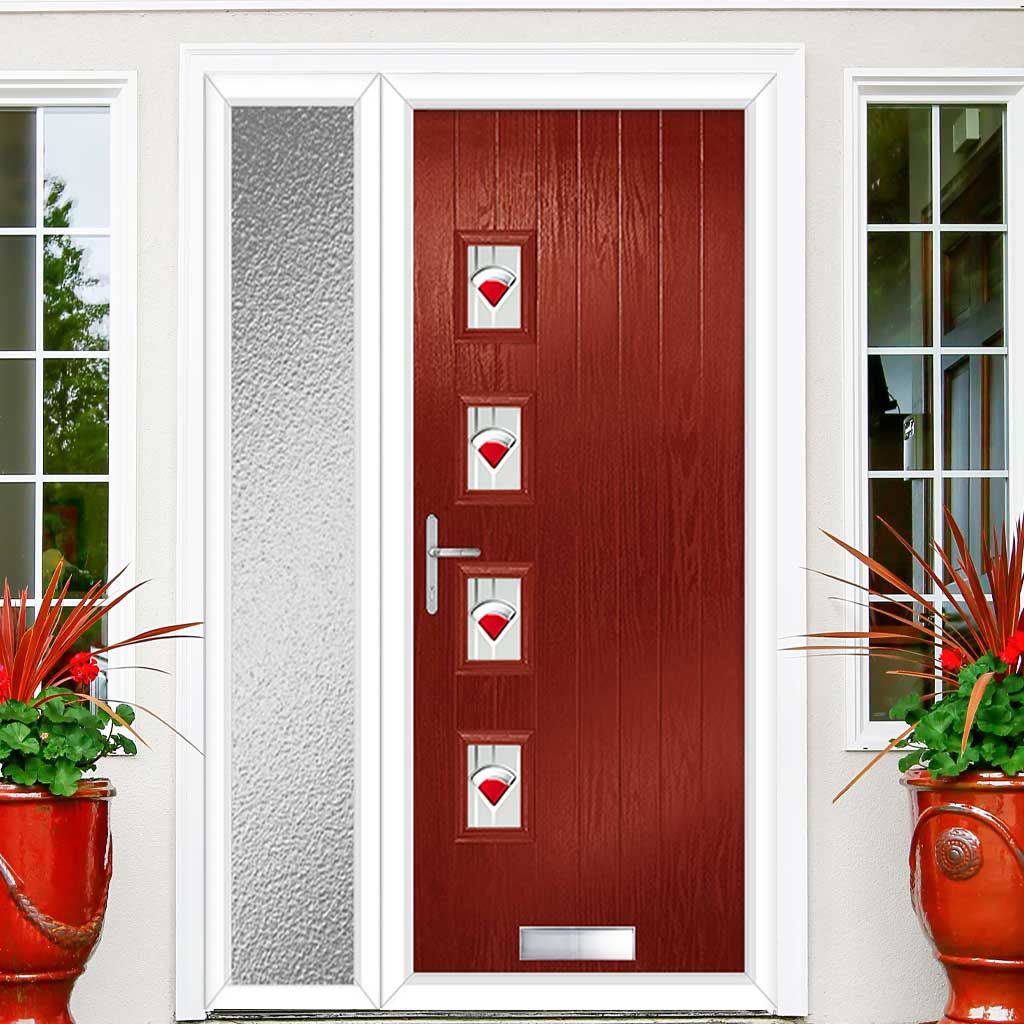 Cottage Style Aruba 4 Composite Front Door Set with Single Side Screen - Hnd Murano Red Glass - Shown in Red