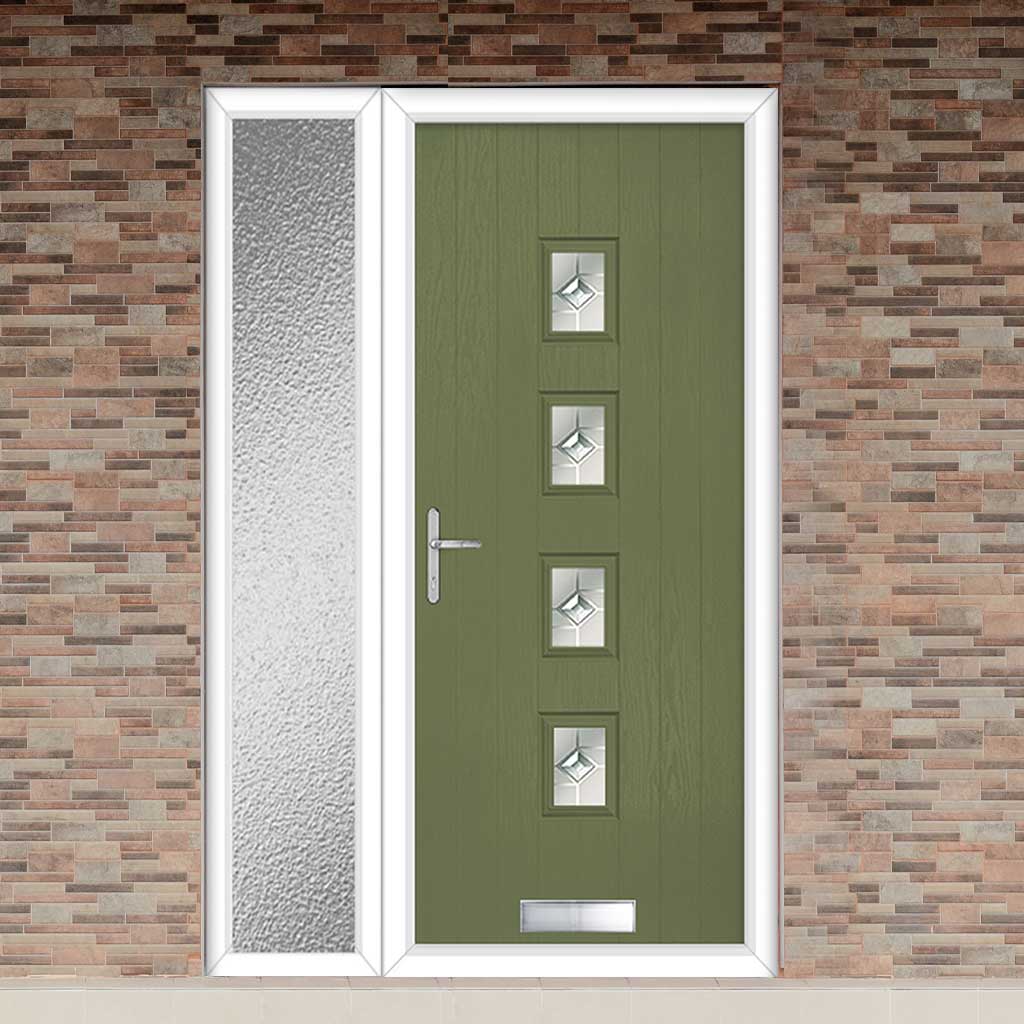 Cottage Style Aruba 4 Composite Front Door Set with Single Side Screen - Central Roma Glass - Shown in Reed Green