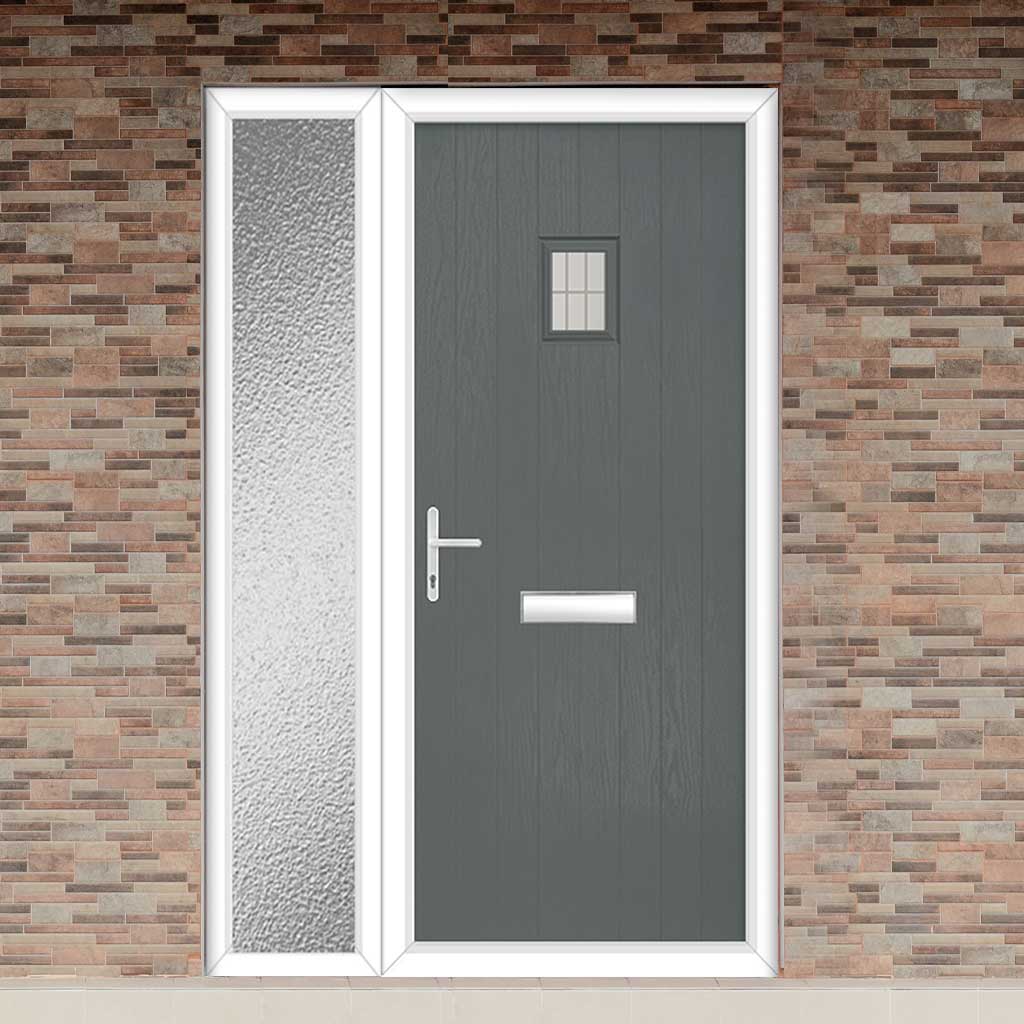 Cottage Style Aruba 1 Composite Front Door Set with Single Side Screen - Linear Glass - Shown in Mouse Grey