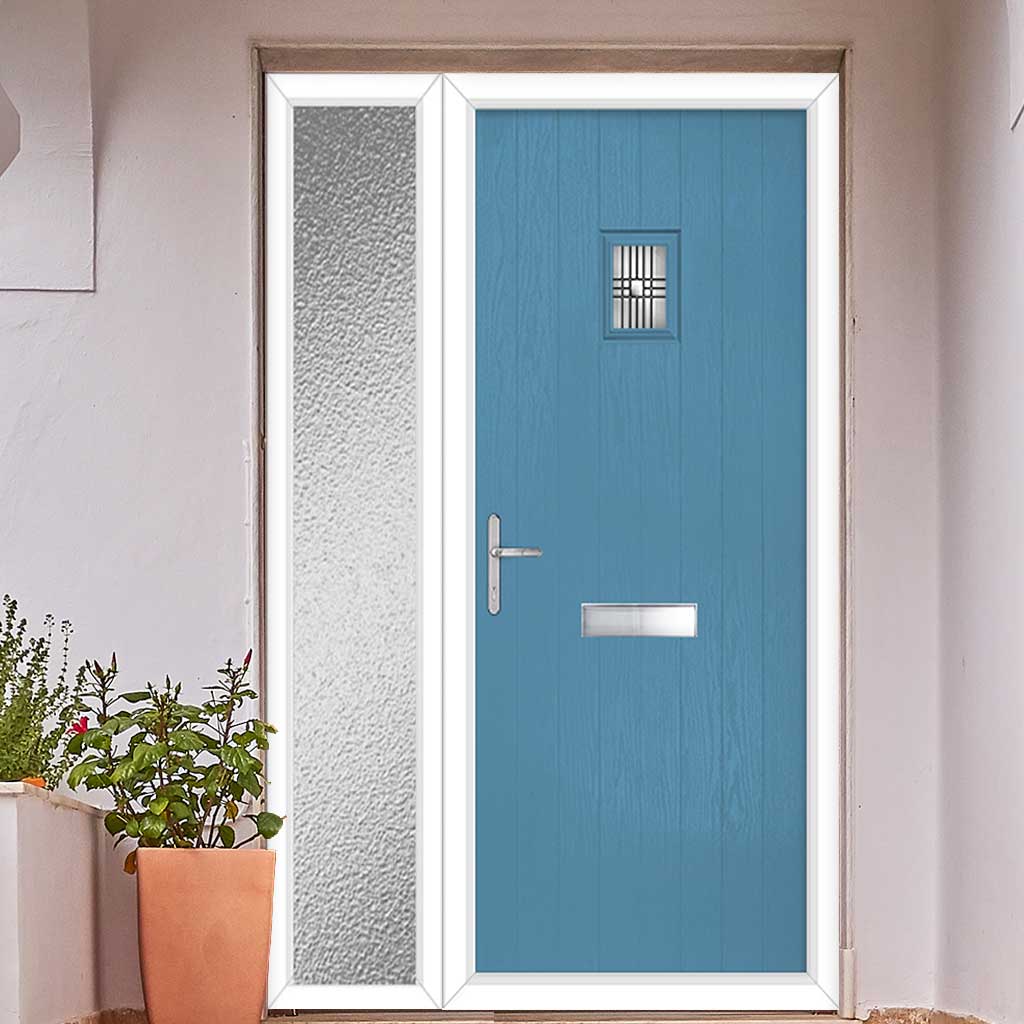 Cottage Style Aruba 1 Composite Front Door Set with Single Side Screen - Matisse Glass - Shown in Pastel Blue