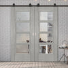 Top Mounted Black Sliding Track & Montreal Prefinished Light Grey Ash Double Door - Clear Glass