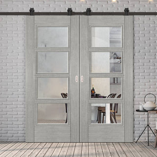 Image: Top Mounted Black Sliding Track & Montreal Prefinished Light Grey Ash Double Door - Clear Glass