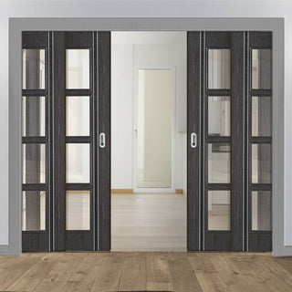 Image: Ash Grey Zanzibar Staffetta Quad Telescopic Pocket Doors - Clear Glass - Prefinished