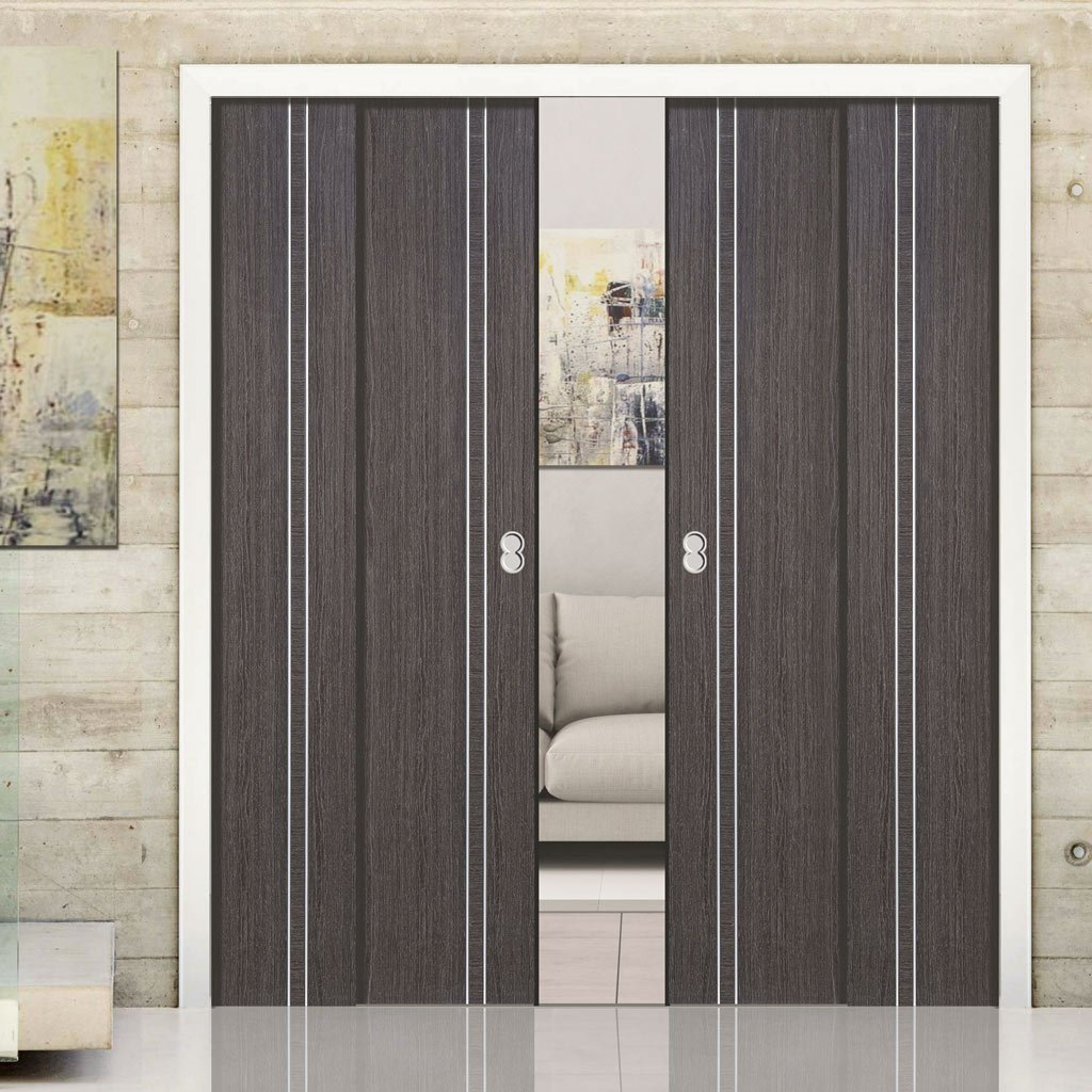 Ash Grey Zanzibar Staffetta Quad Telescopic Pocket Doors - Prefinished