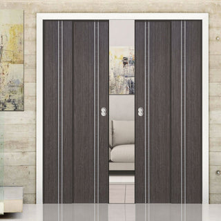 Image: Ash Grey Zanzibar Staffetta Quad Telescopic Pocket Doors - Prefinished