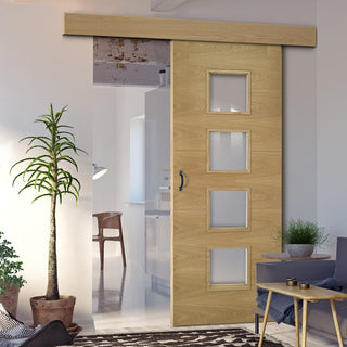 Image: Single Sliding Door & Wall Track - Augusta Glazed Oak Door - Clear Glass - Prefinished