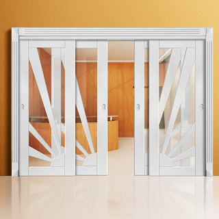 Image: Four Sliding Doors and Frame Kit - Calypso Aurora White Primed Door - Clear Glass