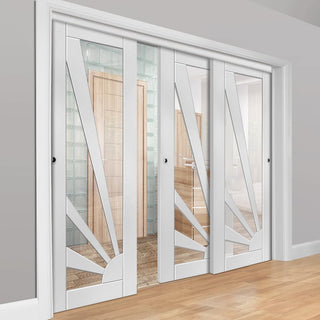 Image: Three Sliding Doors and Frame Kit - Calypso Aurora White Primed Door - Clear Glass