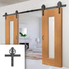 Double Sliding Door & Wagon Wheel Black Track - Axis Shaker Oak Doors - Clear Glass - Prefinished