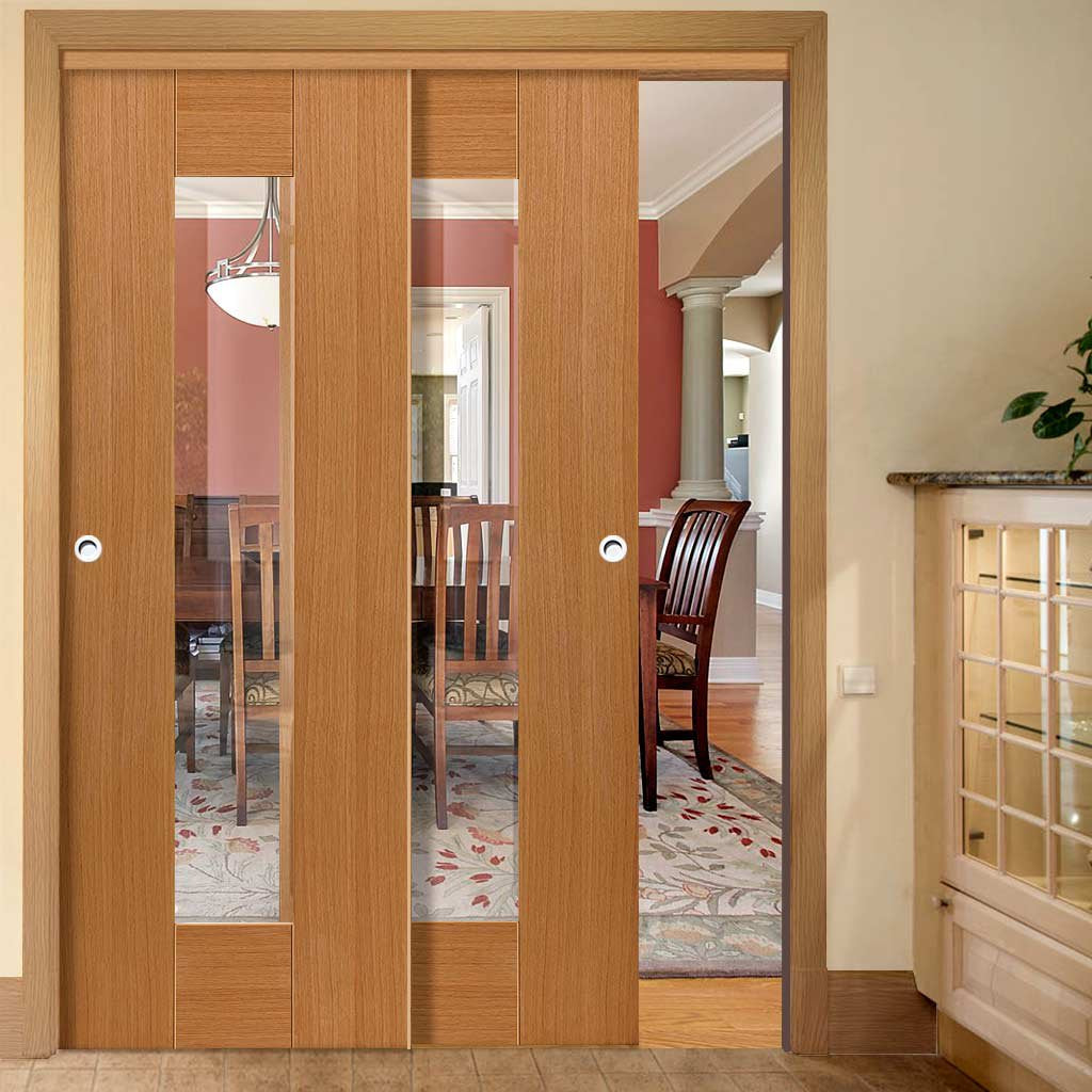 Two Sliding Doors and Frame Kit - Axis Oak Shaker Door - Clear Glass - Prefinished