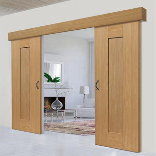 Image: Double Sliding Door & Wall Track - Axis Oak Shaker Doors - Prefinished