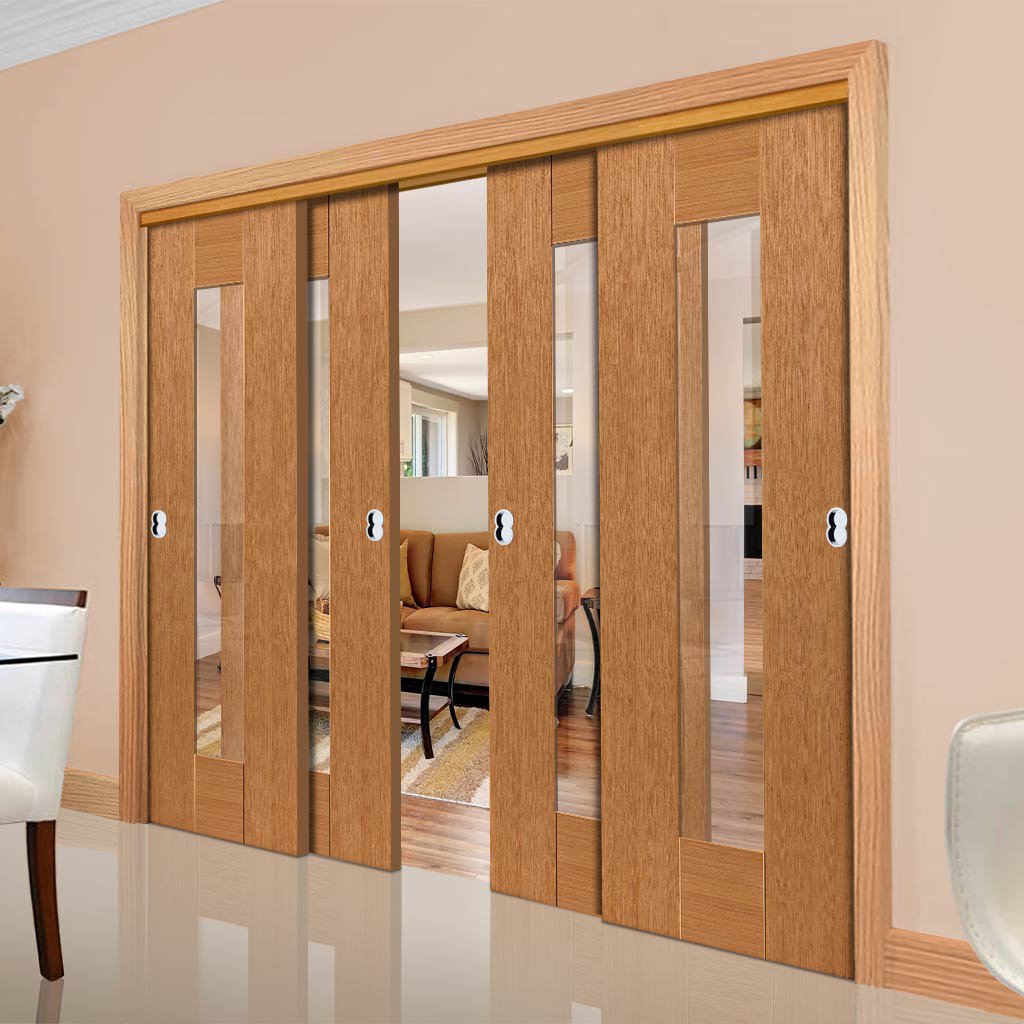 Four Sliding Doors and Frame Kit - Axis Oak Shaker Door - Clear Glass - Prefinished