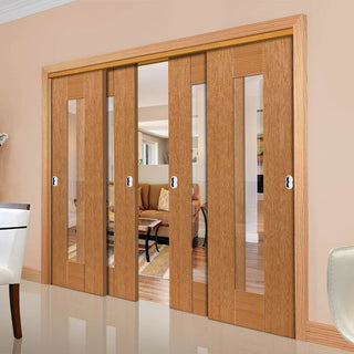 Image: Four Sliding Doors and Frame Kit - Axis Oak Shaker Door - Clear Glass - Prefinished