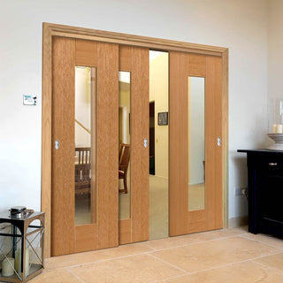Image: Three Sliding Doors and Frame Kit - Axis Oak Shaker Door - Clear Glass - Prefinished