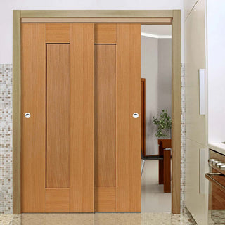 Image: Two Sliding Doors and Frame Kit - Axis Oak Shaker Door - Prefinished
