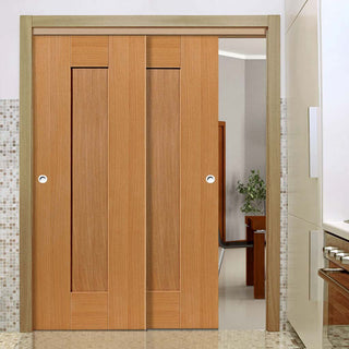 Image: Two Sliding Doors and Frame Kit - Axis Oak Shaker Door - Prefinished