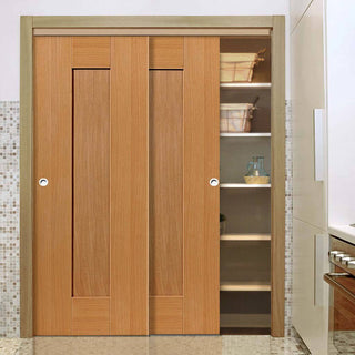 Image: Two Sliding Wardrobe Doors & Frame Kit - Axis Oak Shaker Door - Prefinished