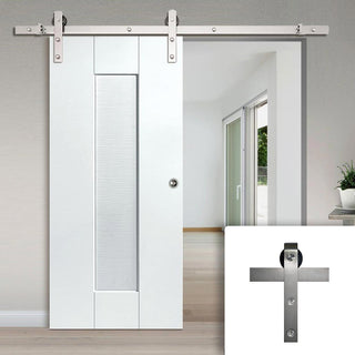 Image: Single Sliding Door & Stainless Steel Barn Track - Axis Ripple White Primed Door