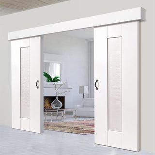 Image: Double Sliding Door & Wall Track - Axis Ripple White Primed Doors