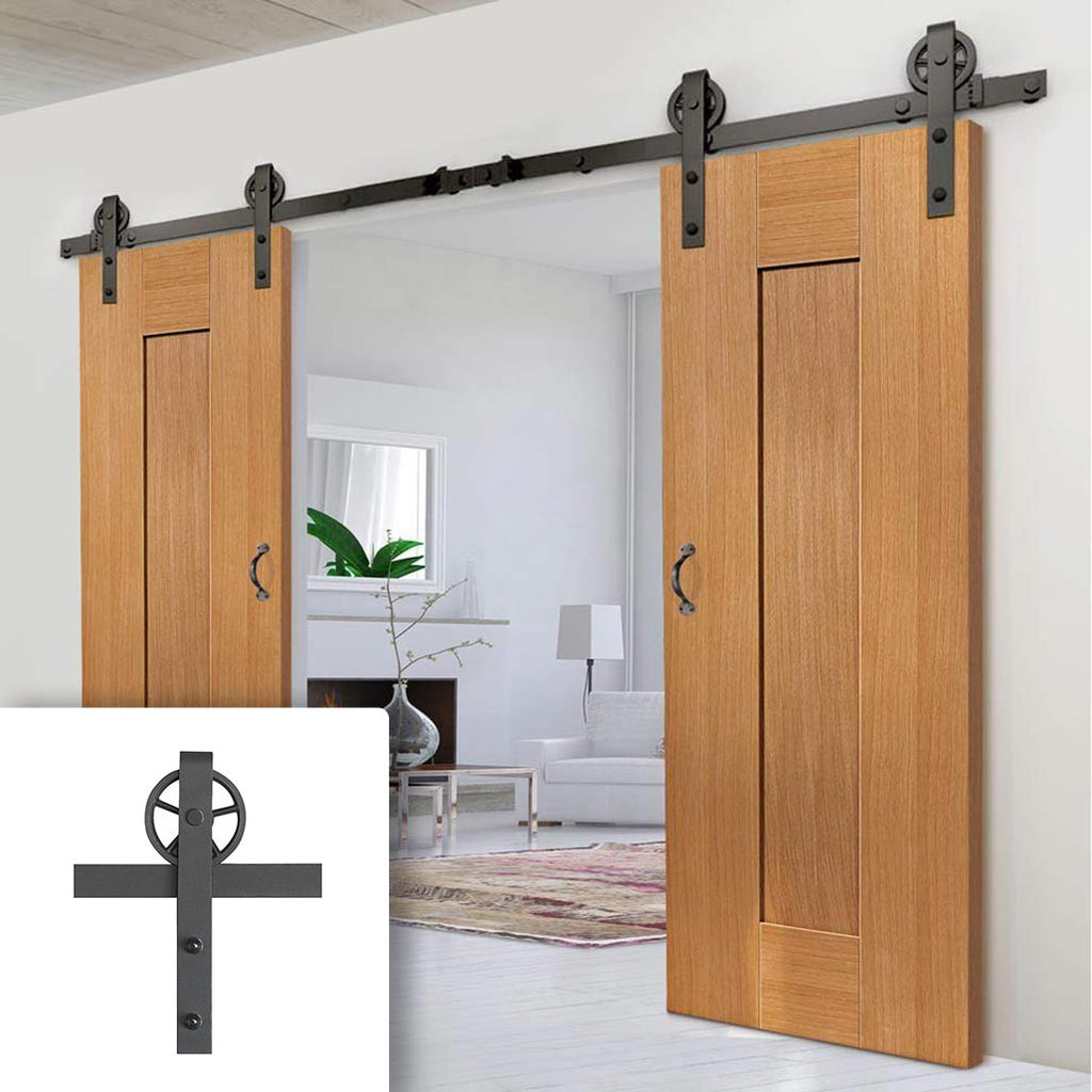 Double Sliding Door & Wagon Wheel Black Track - Axis Shaker Oak Panelled Doors - Prefinished