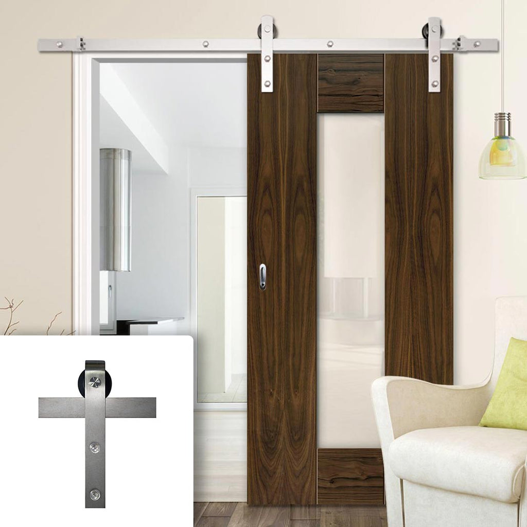 Single Sliding Door & Stainless Steel Barn Track - Axis Shaker Walnut Door - Clear Glass - Prefinished