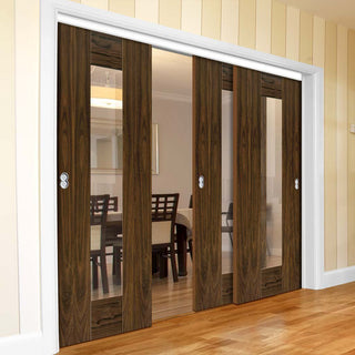 Image: Three Sliding Doors and Frame Kit - Axis Walnut Shaker Door - Clear Glass - Prefinished