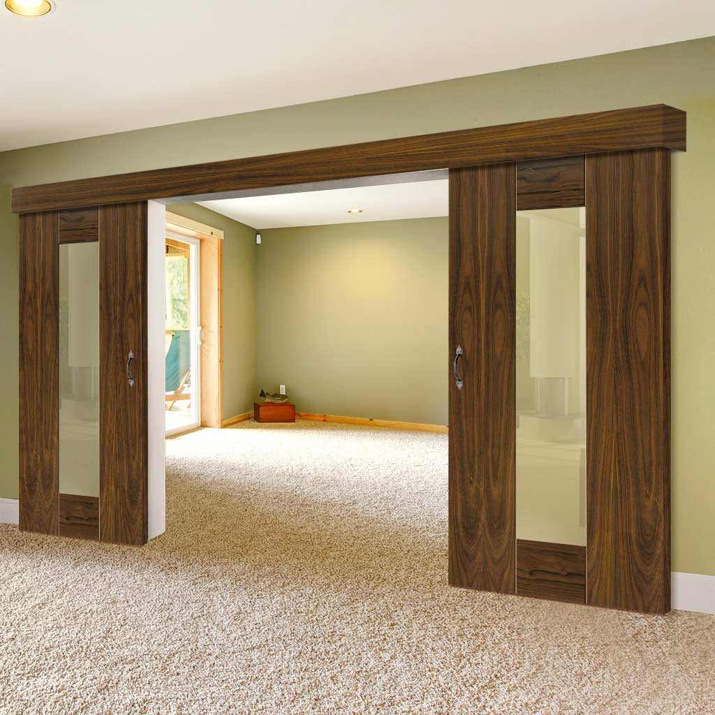 Double Sliding Door & Wall Track - Axis Walnut Shaker Doors - Clear Glass - Prefinished