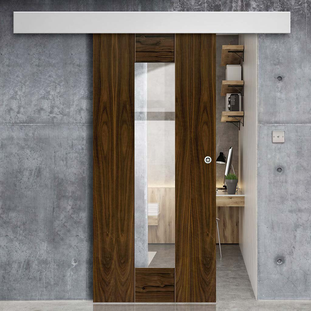 Single Sliding Door & Wall Track - Axis Walnut Shaker Door - Clear Glass - Prefinished