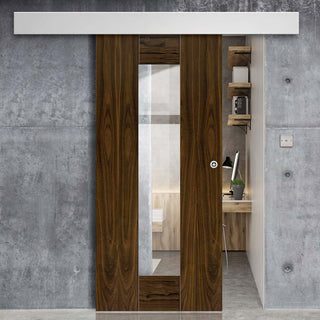 Image: Single Sliding Door & Wall Track - Axis Walnut Shaker Door - Clear Glass - Prefinished