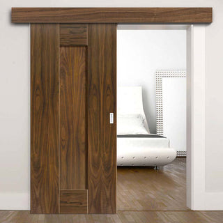 Image: Single Sliding Door & Wall Track - Axis Walnut Shaker Door - Prefinished