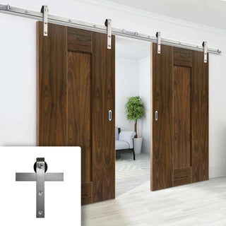 Image: Double Sliding Door & Stainless Steel Barn Track - Axis Shaker Walnut Panelled Doors - Prefinished