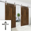 Double Sliding Door & Stainless Steel Barn Track - Axis Shaker Walnut Panelled Doors - Prefinished