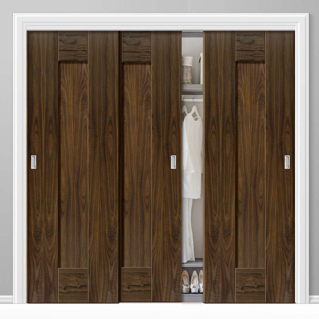 Three Sliding Wardrobe Doors & Frame Kit - Axis Walnut Shaker Door - Prefinished