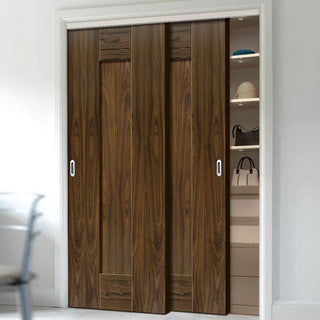 Image: Two Sliding Wardrobe Doors & Frame Kit - Axis Walnut Shaker Door - Prefinished