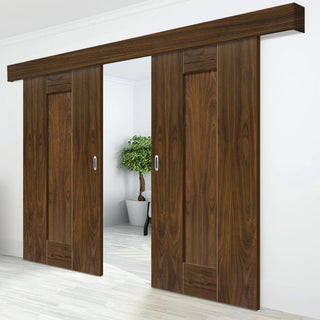 Image: Double Sliding Door & Wall Track - Axis Walnut Shaker Doors - Prefinished