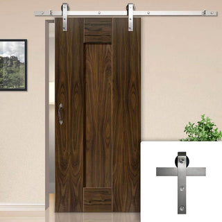 Image: Single Sliding Door & Stainless Steel Barn Track - Axis Shaker Walnut Panelled Door - Prefinished