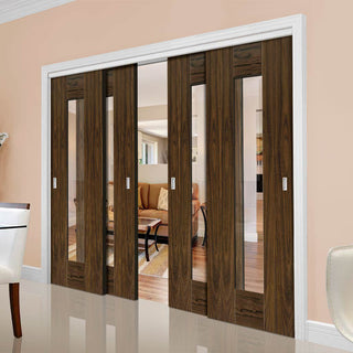Image: Four Sliding Doors and Frame Kit - Axis Walnut Shaker Door - Clear Glass - Prefinished