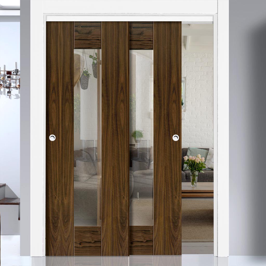 Two Sliding Doors and Frame Kit - Axis Walnut Shaker Door - Clear Glass - Prefinished