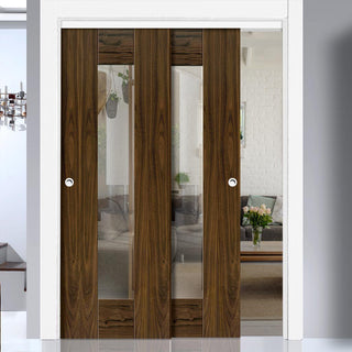 Image: Two Sliding Doors and Frame Kit - Axis Walnut Shaker Door - Clear Glass - Prefinished