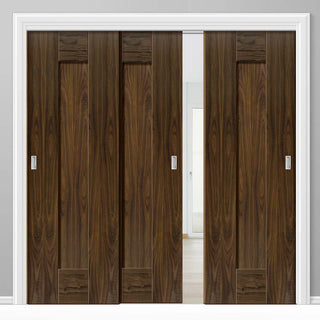 Image: Three Sliding Doors and Frame Kit - Axis Walnut Shaker Door - Prefinished