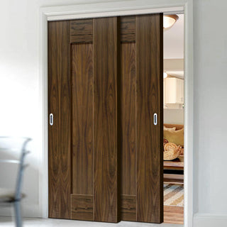 Image: Two Sliding Doors and Frame Kit - Axis Walnut Shaker Door - Prefinished