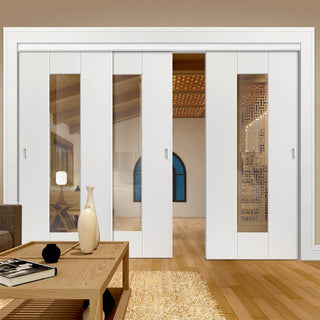 Image: Three Sliding Doors and Frame Kit - Axis White Primed Door - Clear Glass
