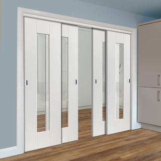 Image: Four Sliding Doors and Frame Kit - Axis White Primed Door - Clear Glass