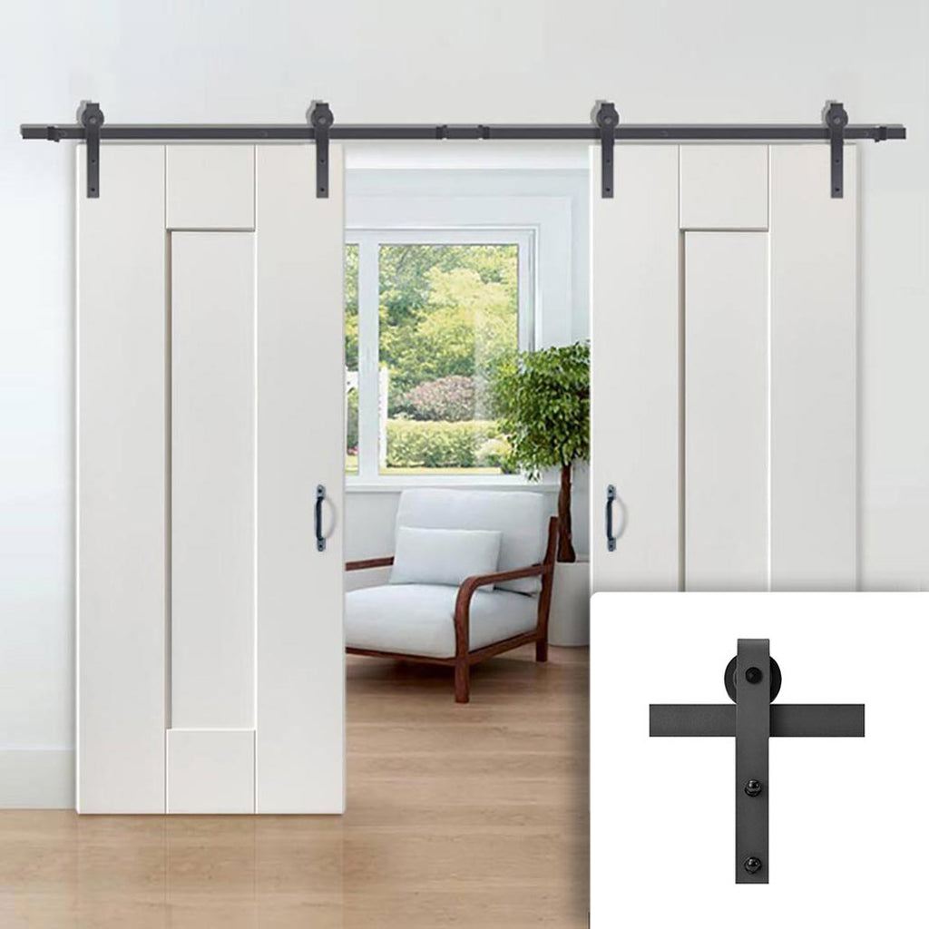 Double Sliding Door & Black Barn Track - Axis White Panelled Doors