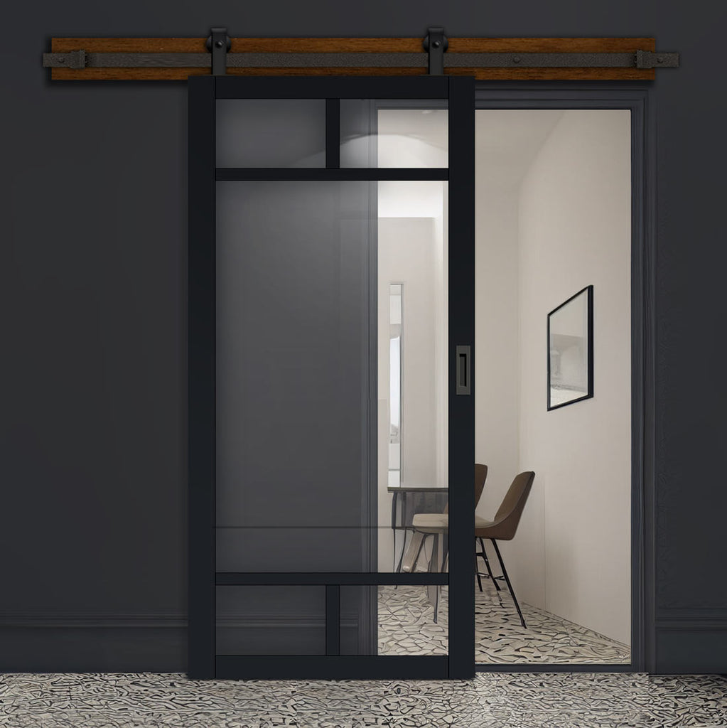 Top Mounted Black Sliding Track & Solid Wood Door - Eco-Urban® Sydney 5 Pane Solid Wood Door DD6417G Clear Glass - Shadow Black Premium Primed