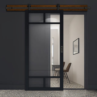 Image: Top Mounted Black Sliding Track & Solid Wood Door - Eco-Urban® Sydney 5 Pane Solid Wood Door DD6417G Clear Glass - Shadow Black Premium Primed