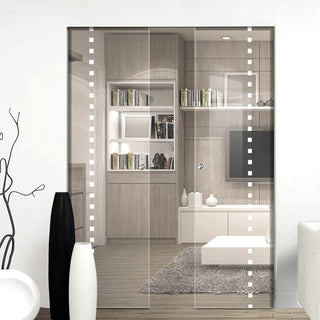Image: Balerno 8mm Clear Glass - Obscure Printed Design - Double Absolute Pocket Door