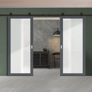 Image: Top Mounted Black Sliding Track & Solid Wood Double Doors - Eco-Urban® Baltimore 1 Pane Doors DD6301SG - Frosted Glass - Stormy Grey Premium Primed