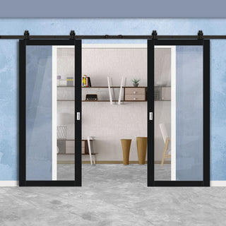 Image: Top Mounted Black Sliding Track & Solid Wood Double Doors - Eco-Urban® Baltimore 1 Pane Doors DD6301G - Clear Glass - Shadow Black Premium Primed