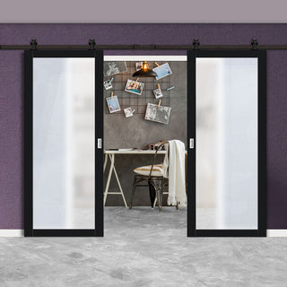 Image: Top Mounted Black Sliding Track & Solid Wood Double Doors - Eco-Urban® Baltimore 1 Pane Doors DD6301SG - Frosted Glass - Shadow Black Premium Primed